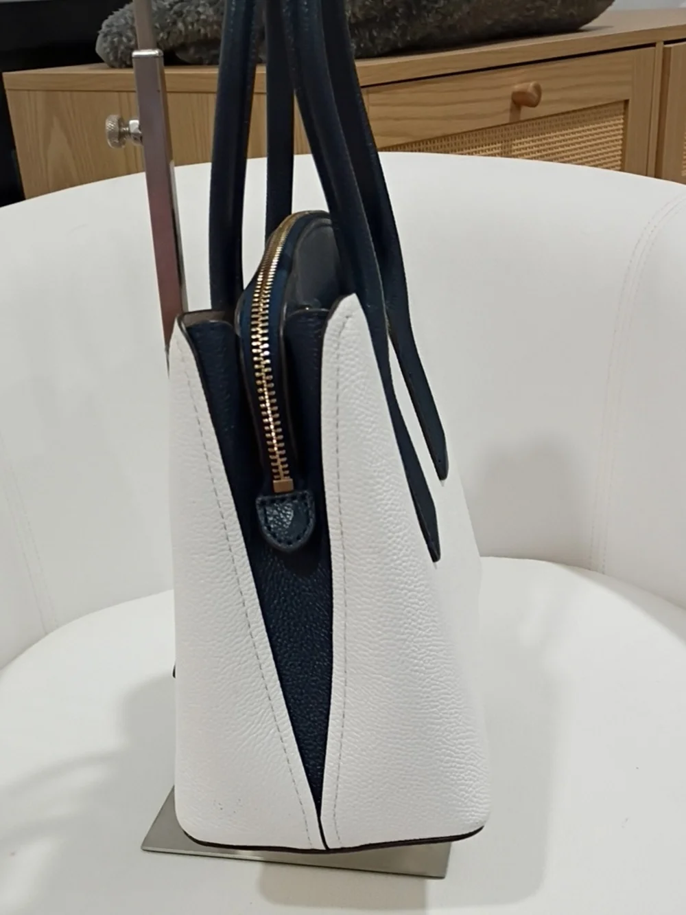 kate spade White Leather Satchel with Navy Handles Crossbody Pink & Orange Studs